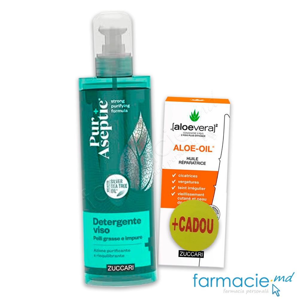 Zuccari PurAseptic Gel curatare fata Ulei Arbore de ceai&Argint coloidal ten gras,acnee 250ml + Zuccari Aloe-Oil Ulei Reparator Cicatrici Cadou