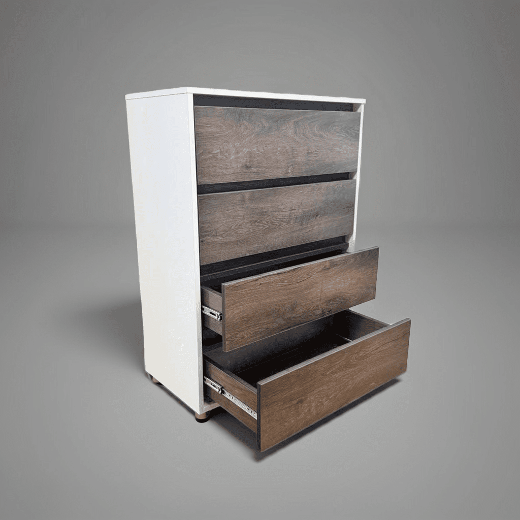Comodă albă cu 4 sertare finisaj nuc închis – design modern, 4S/FI/FM
