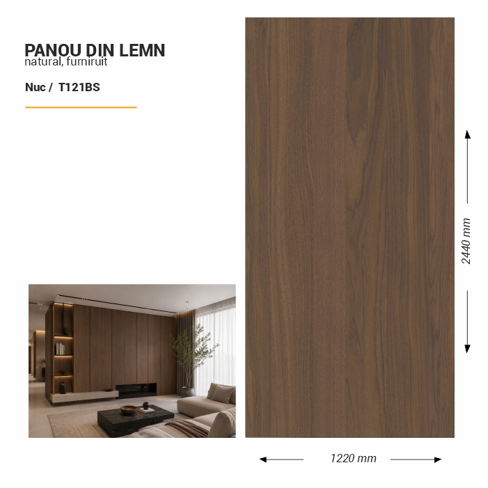 Panou din lemn furniruit, T121BS, Nuc, 2440x1220x3.8mm
