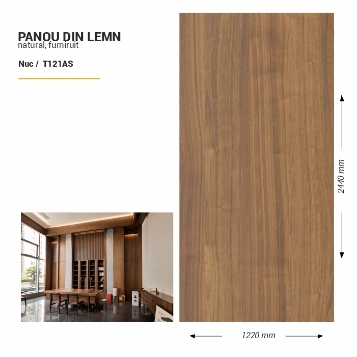 Panou din lemn furniruit, T121AS, Nuc, 2440x1220x3.8mm