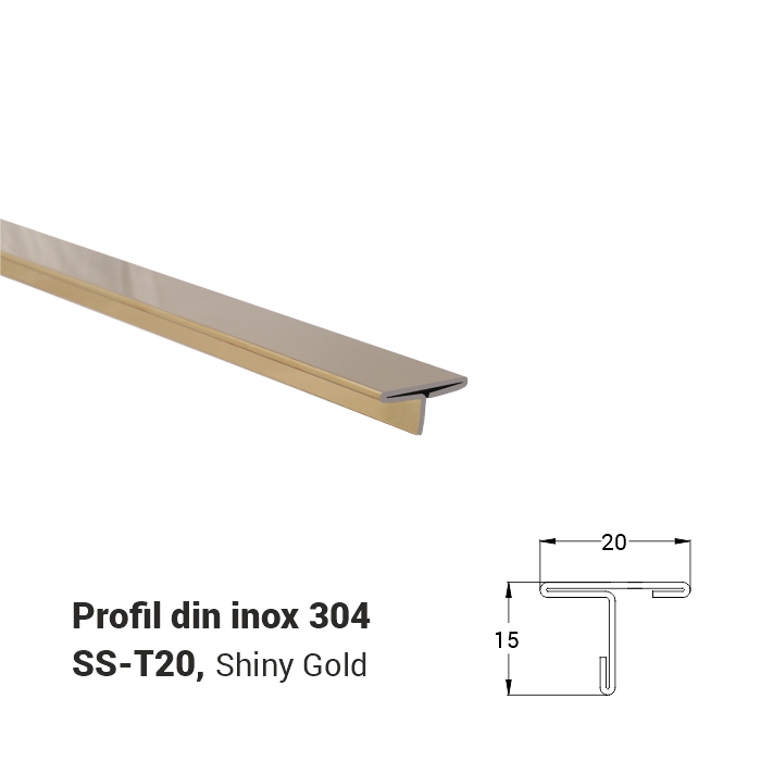 SS-T10, Profil din inox 10 mm, 2.5m, Shiny Gold