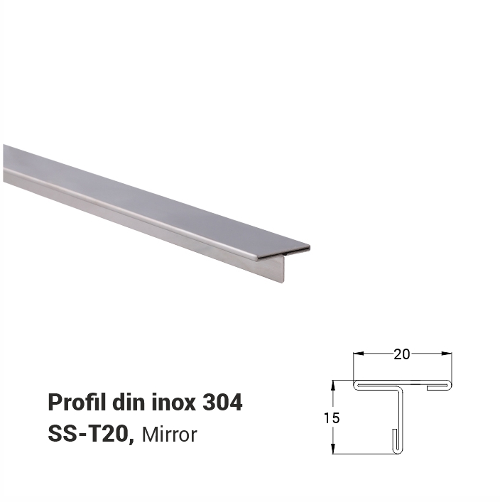 SS-T20, Profil din inox 20 mm, 2.5m, Mirror