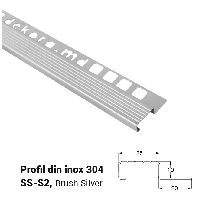 SS-S2, Profil din inox 10 mm, 2.5m, Brush Silver