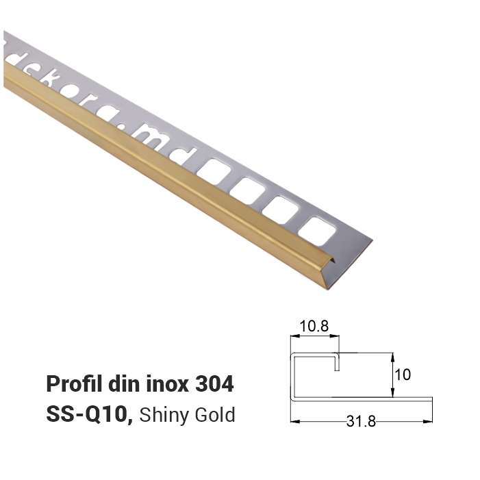 SS-Q10, Profil din inox 10 mm, 2.5m, Shiny Gold