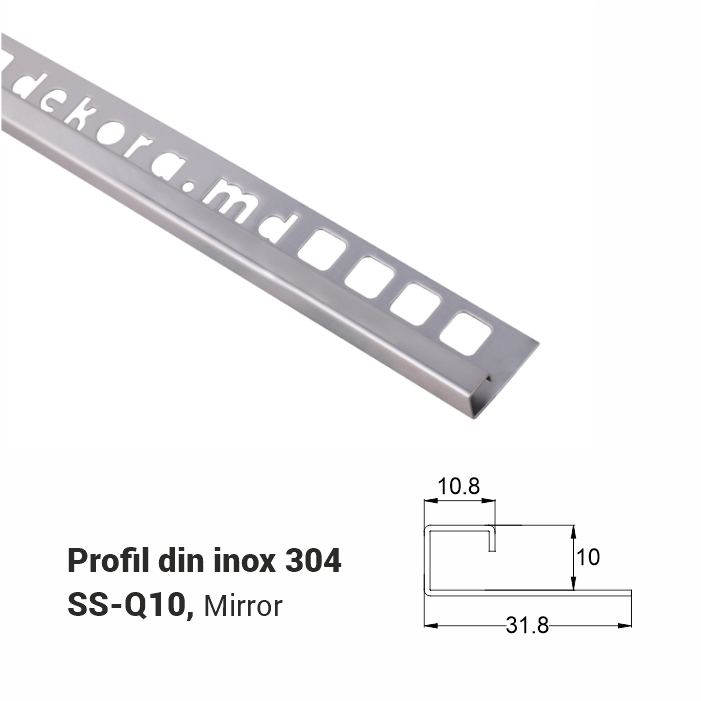 SS-Q10, Profil din inox 10 mm, 2.5m, Mirror