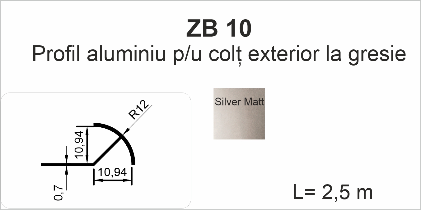 ZB10, Profil aluminiu pentru gresie 10 mm, colț exterior, 2.5m, Champagne Polish