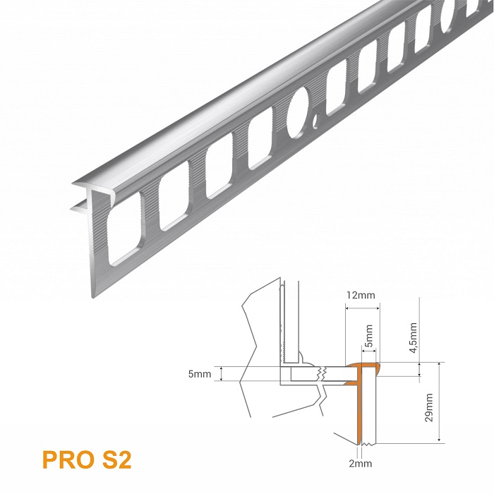 PRO S2 Profil aluminiu pentru trepte 5 mm extern B1, 2m, Argint Mat