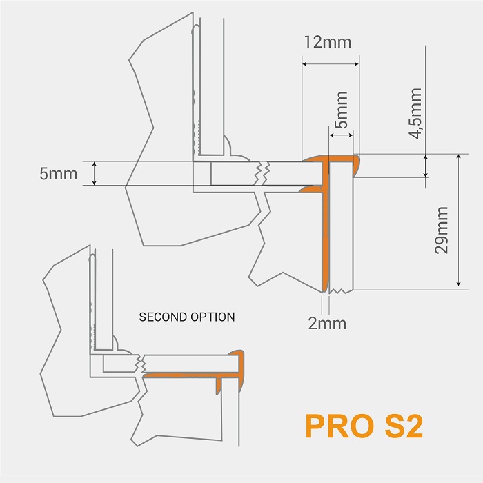 PRO S2 Profil aluminiu pentru trepte 5 mm extern B1, 2m, Argint Mat