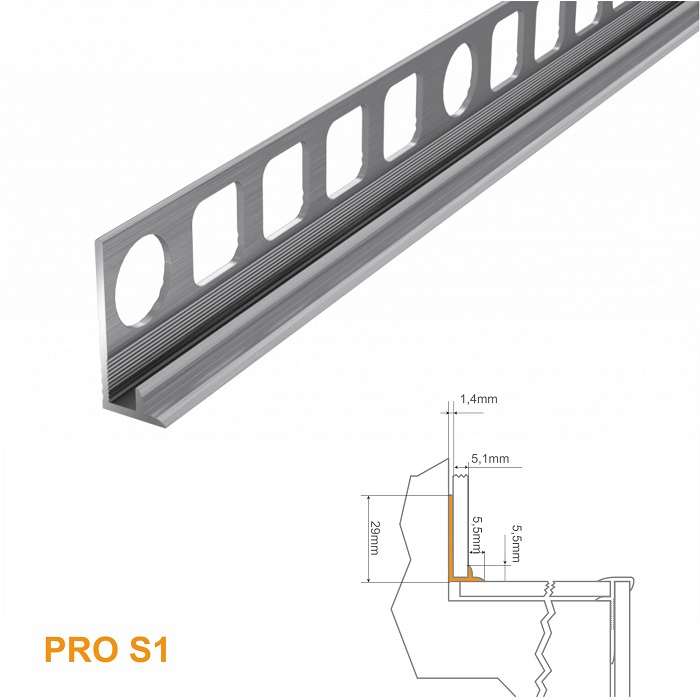 PRO S1 Profil aluminiu pentru trepte 5 mm intern B1, 2m, Argint Mat