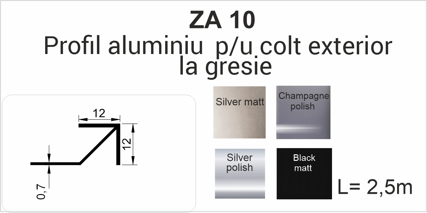 ZA10, Profil aluminiu pentru gresie 10 mm, colț exterior, 2.5m, Polish Silver