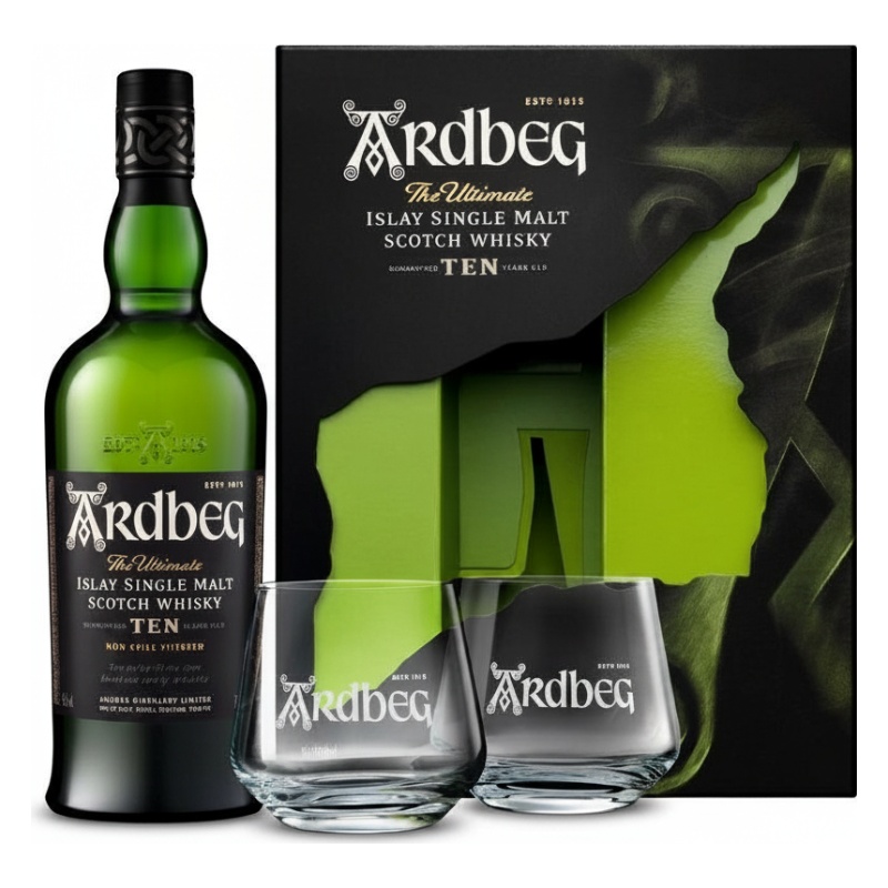 Whisky Ardbeg 10Y + 2 Glasses 46% 0.7L