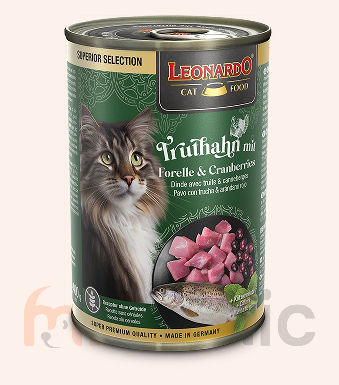 Conservă pentru pisici Leonardo Finest Selection, curcan cu păstrăv și merișoare, 400 g