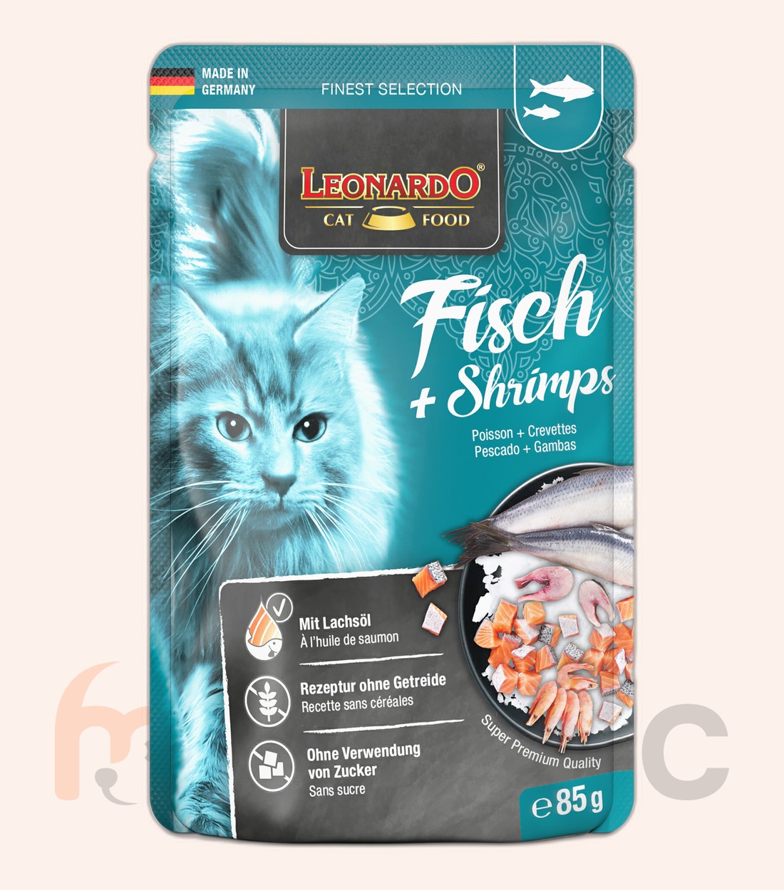 Hrană umedă pentru pisici Leonardo, pește + crevete, 85 g
