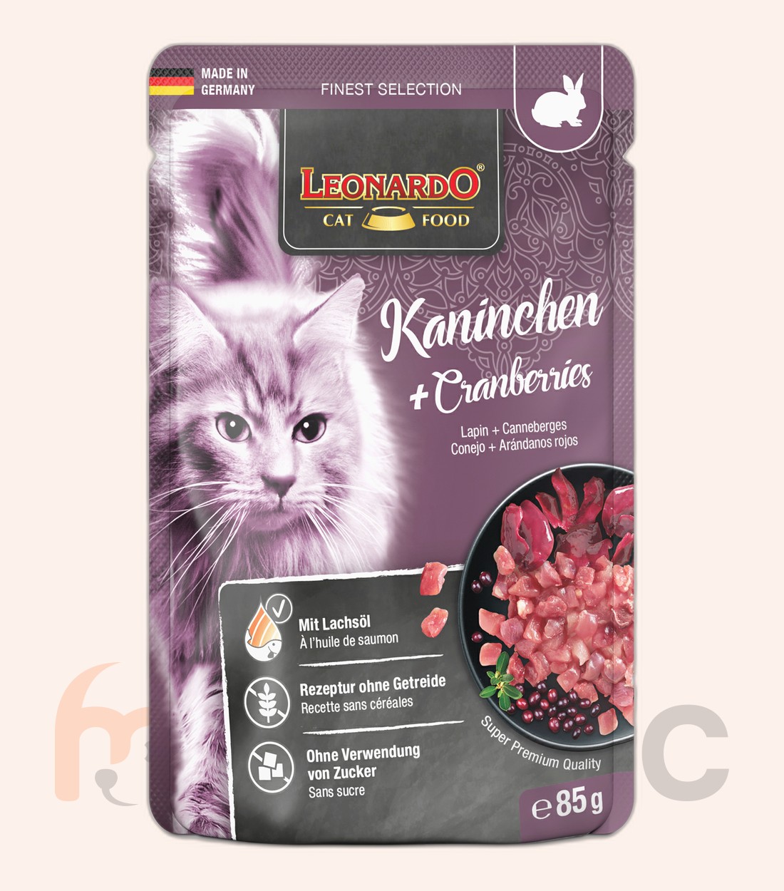 Влажный корм для кошек Leonardo, кролик + клюква, 85 г