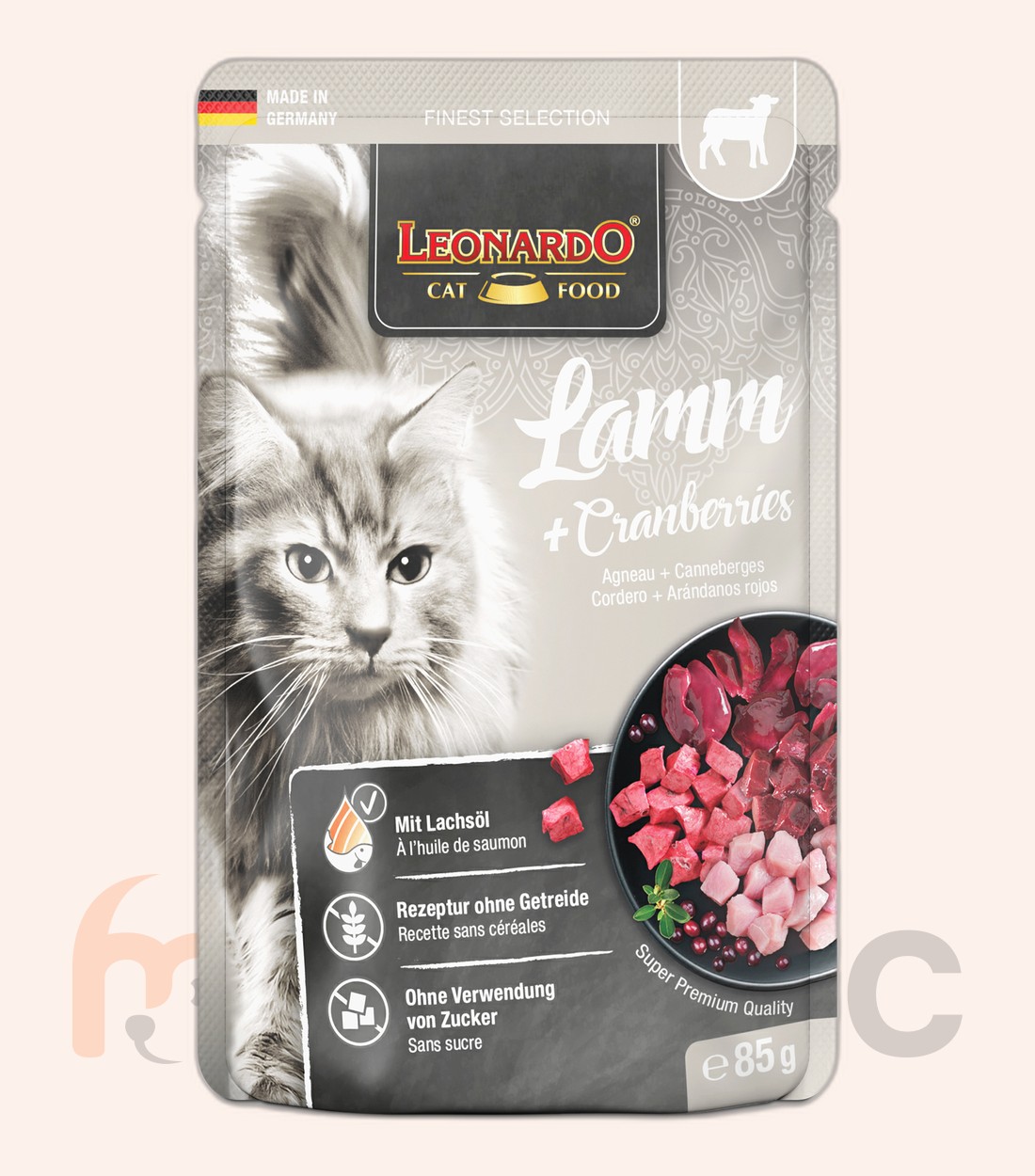 Hrană umedă pentru pisici Leonardo, miel + merișoare, 85 g