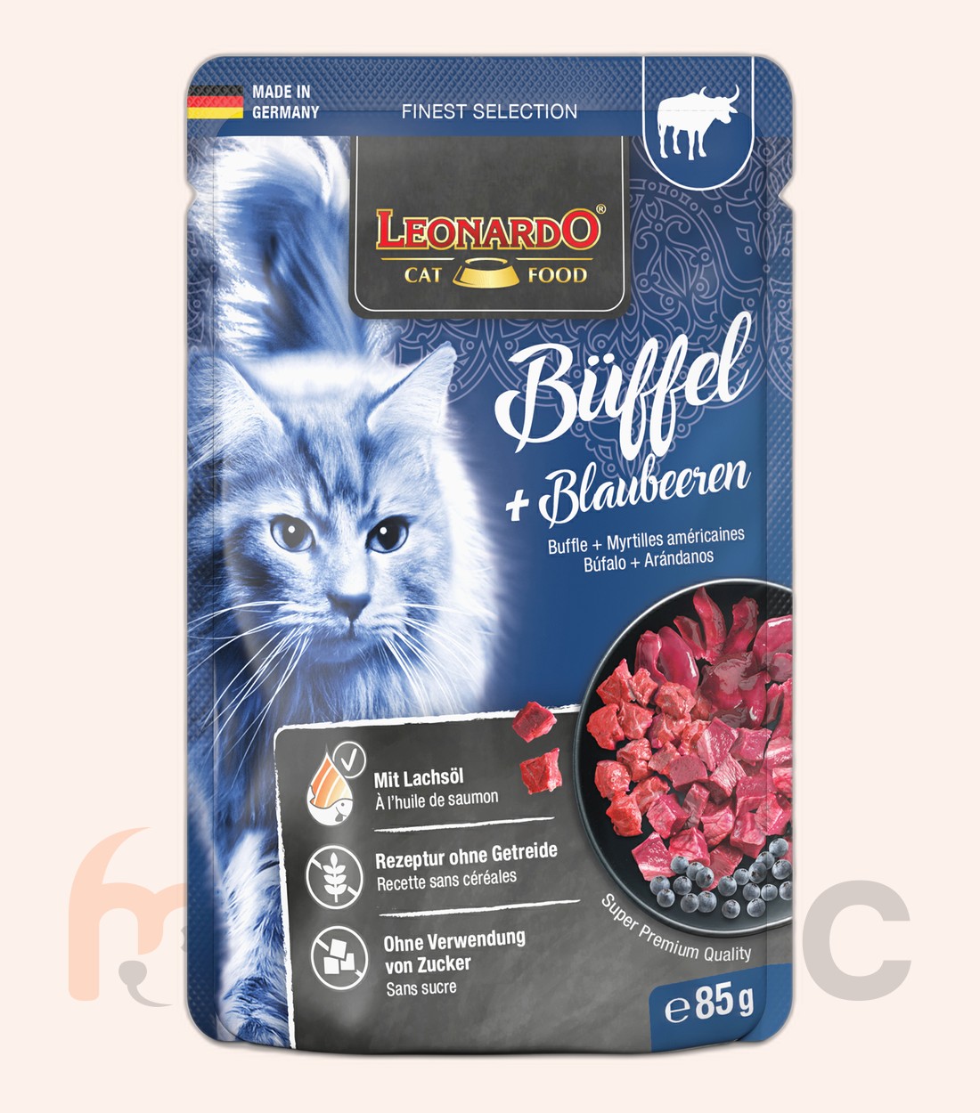 Hrană umedă pentru pisici Leonardo, bivol de apă + afine, 85 g