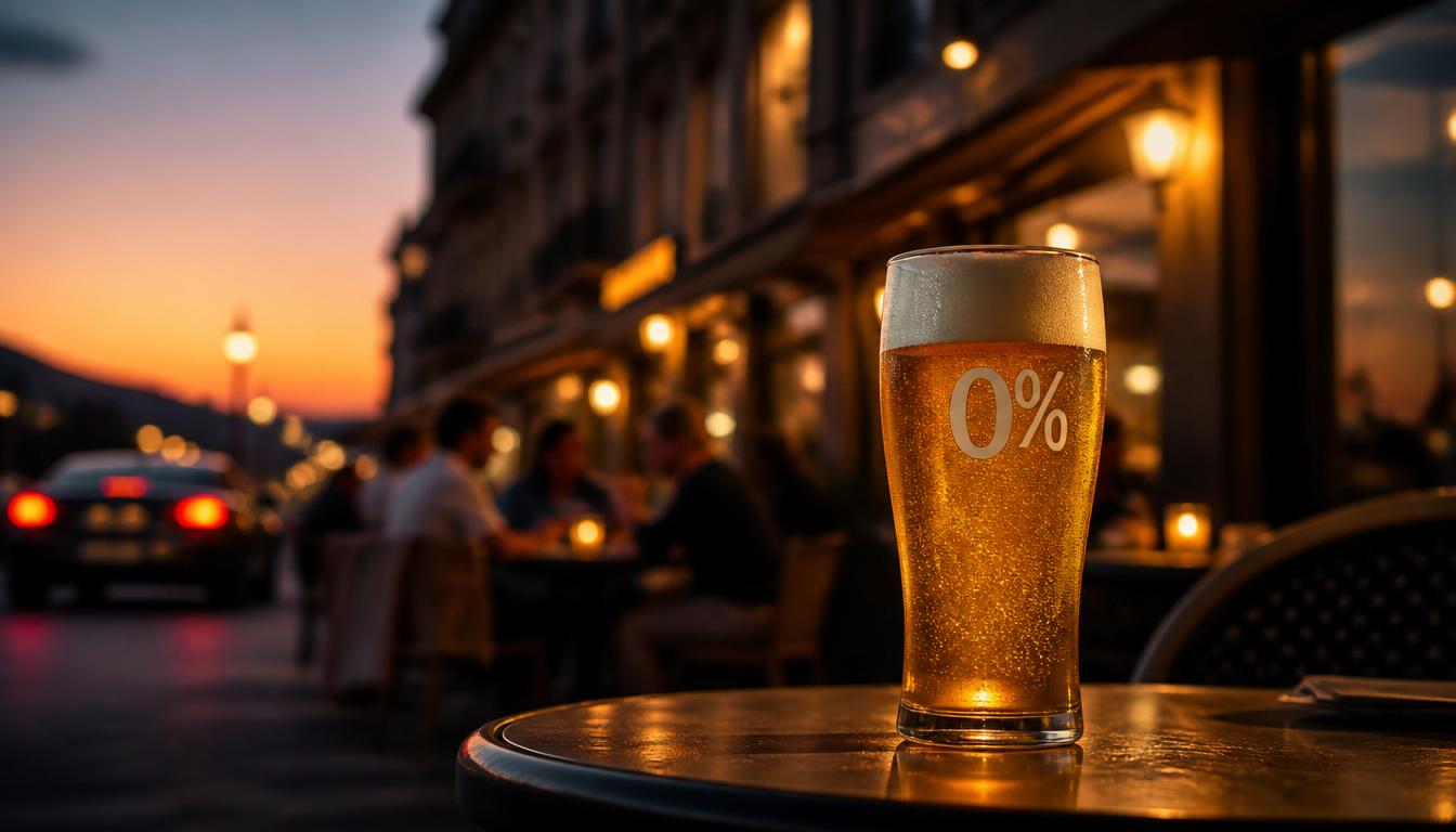 The glass is filled with golden blonde beer, a rich foam top, and has a clean, crisp inscription "0%" printed on it.
