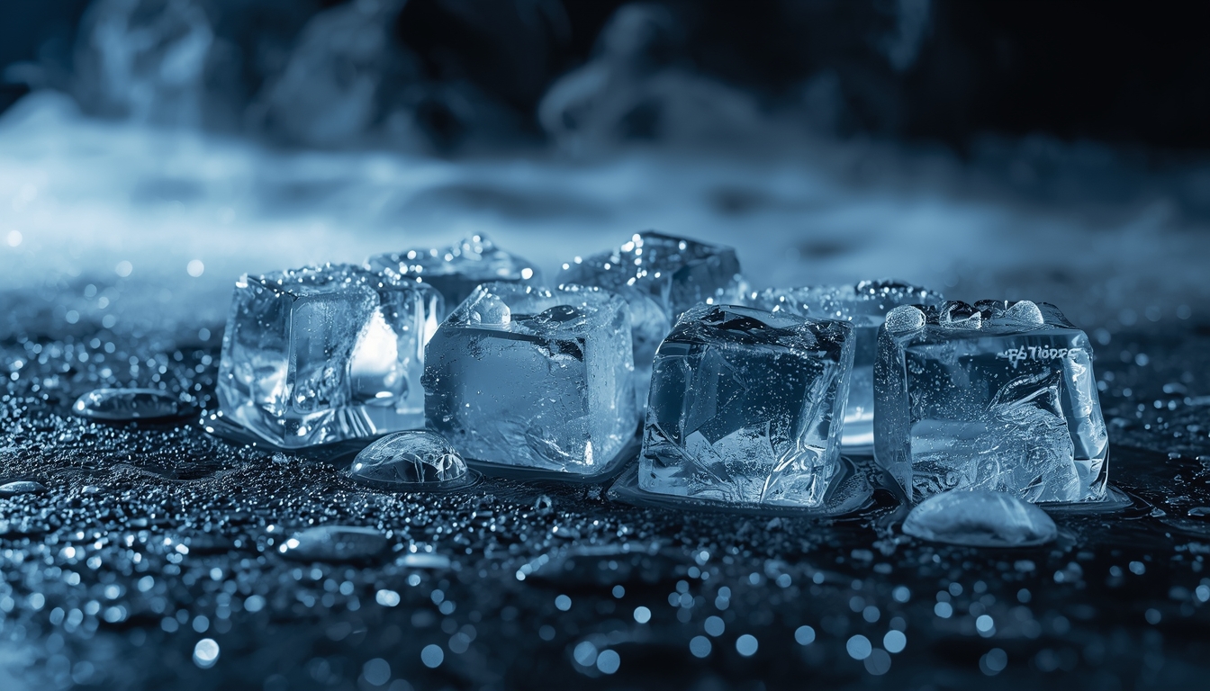 abstract ice scene for premium cocktail branding, close-up of crystal-clear ice cubes slowly melting on a dark stone surface, condensation droplets, cold mist rising, blue and silver tones,