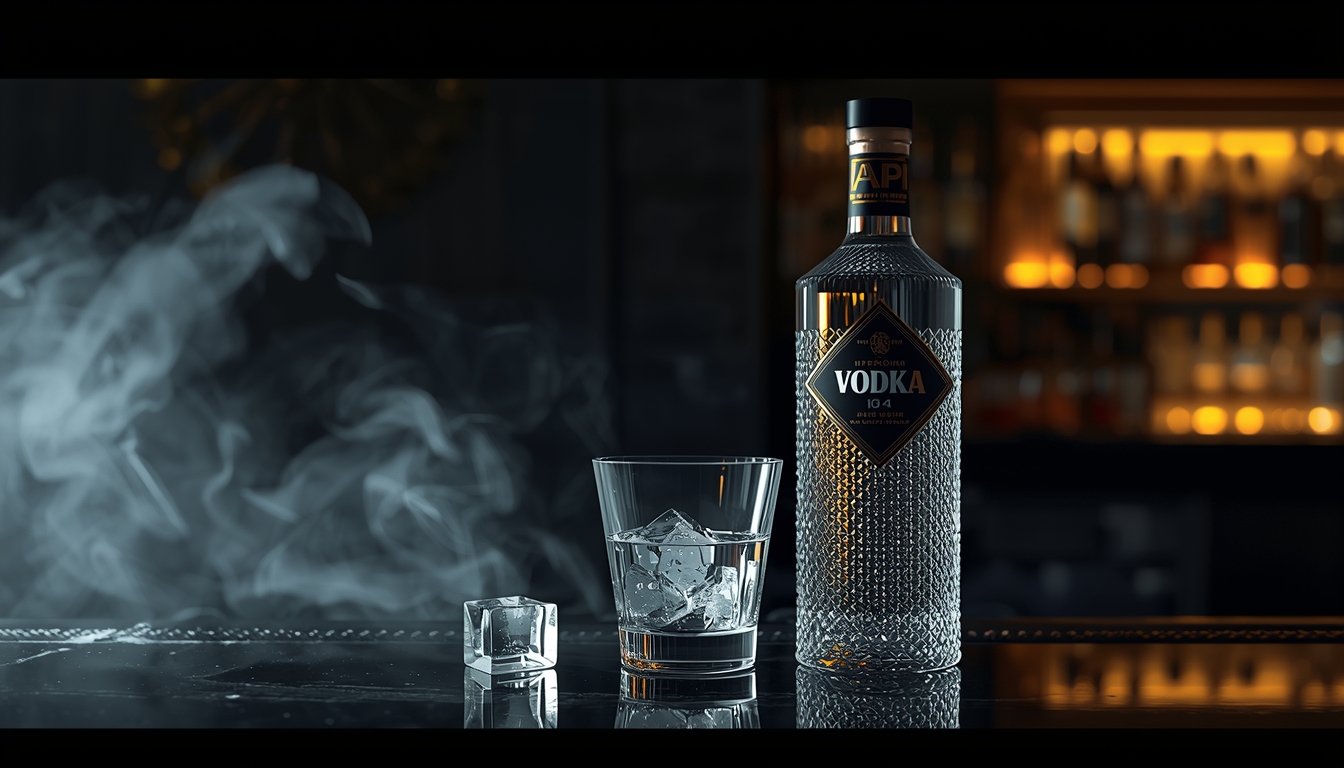 photo of a premium vodka bottle on a dark luxury bar counter, next to a chilled empty martini glass and ice cubes melting slowly, moody low-key lighting, elegant reflections on glass and metal